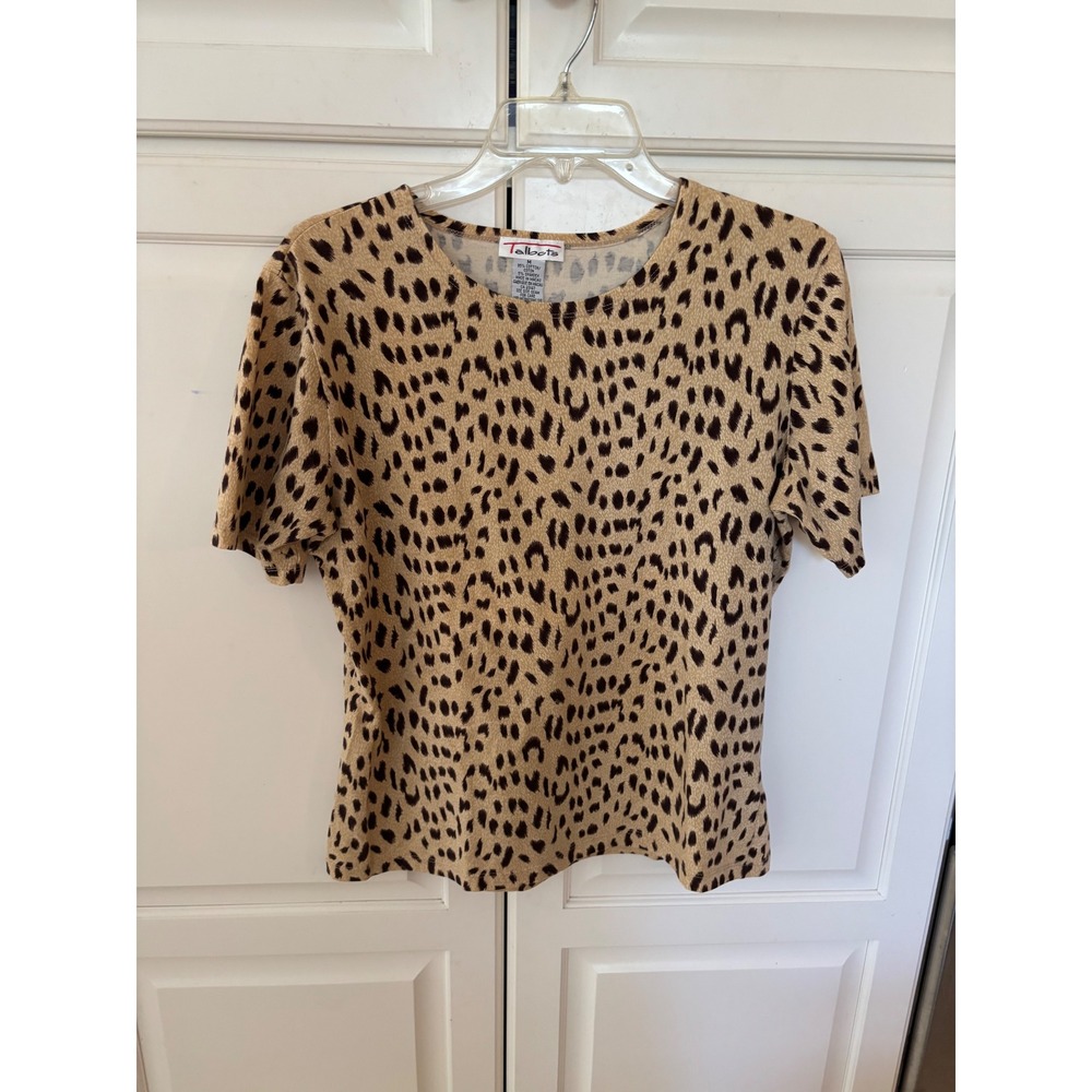 Talbots Womens Medium Leopard Print Short Sleeve Crew Neck Cotton Spandex Top